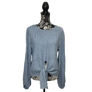SOVERE Blouse Top Tie Front Light Blue Smocked Stretchy Size AUS 12 / US Large